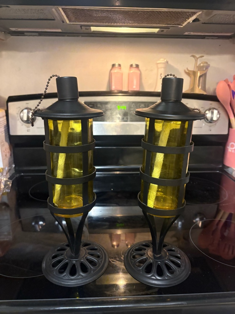 Like New- Never Used 2 Tabletop Tiki Oil Lamps W Yellow Glass